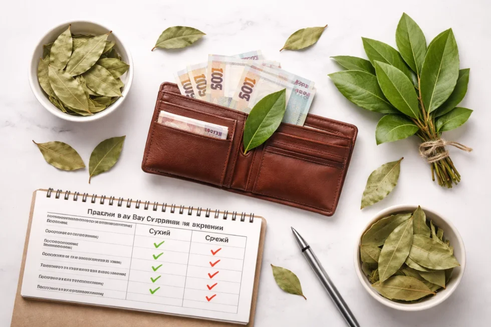 Як правильно класти лавровий лист у гаманець в Україні, де купити в Києві та який обрати: сухий чи свіжий, список і таблиця з реальними факторами впливу на гроші.