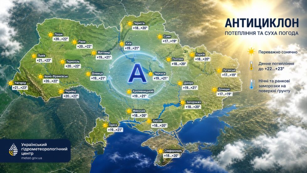 Прогноз погоди в Україні на 3 травня 2026: антициклон принесе сухий день, удень до +23°, але вночі ще тримаються заморозки на ґрунті. Деталі по регіонах.