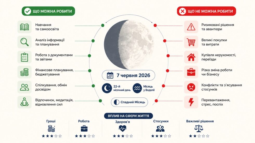 Яка фаза Місяця 7 червня 2026 року, що можна і не можна робити у 22-й місячний день. Вплив Місяця у Водолії на гроші, роботу, здоров'я, стосунки та важливі рішення дня.