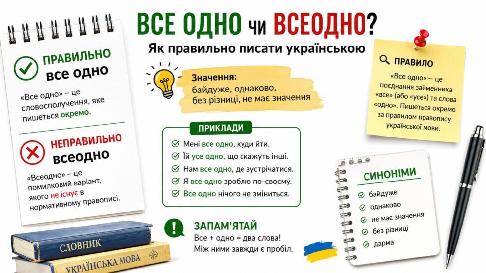 Все одно чи всеодно — як правильно писати українською? Пояснюємо норму правопису, значення, приклади, синоніми, типові помилки, таблицю та простий спосіб запам’ятати.