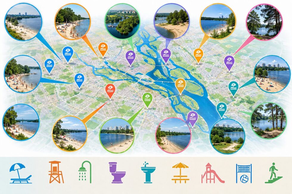 Пляжі Києва 2026 на карті: Дніпро, міські озера, Пуща-Водиця, Оболонь, Гідропарк та основні локації для відпочинку біля води.
