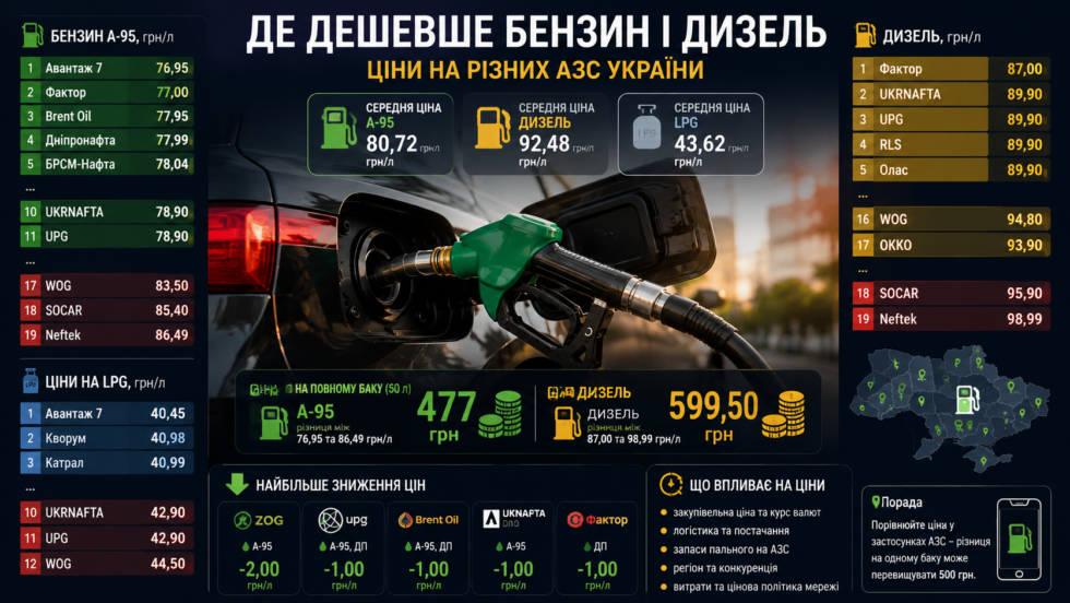 Де дешевше заправляти бензин і дизель в Україні. Порівняння цін на WOG, ОККО, UPG, UKRNAFTA, ZOG, БРСМ, Фактор та інших АЗС.