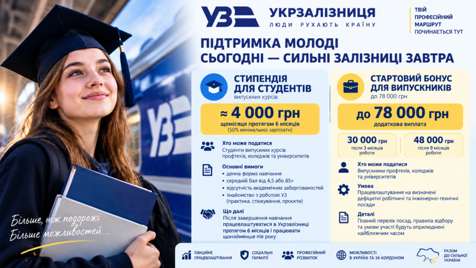 Укрзалізниця запускає стипендію для студентів випускних курсів і стартовий бонус до 78 000 грн для випускників: хто може податися, скільки платитимуть, коли нарахують гроші та які умови роботи у 2026