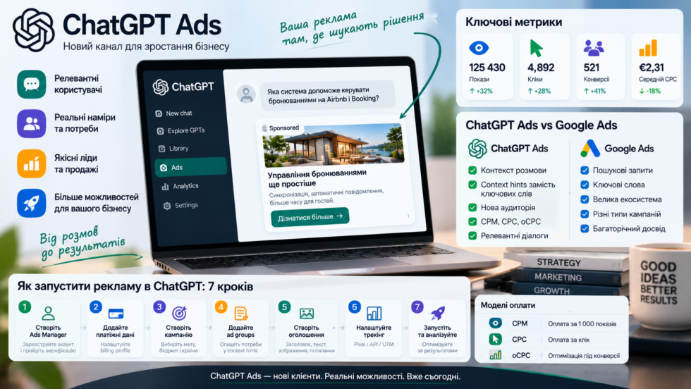 Як запустити рекламу в ChatGPT у 2026 році: Ads Manager, бюджет, CPC і CPM, налаштування без агентства, ціна спеціаліста, відмінності від Google Ads та чи доступна реклама в Україні.