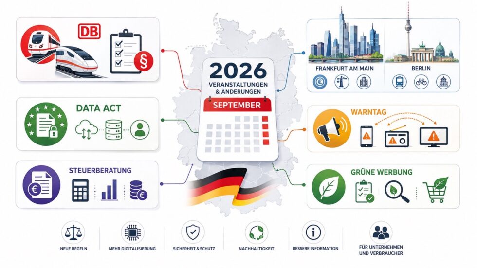 Німеччина у вересні 2026: нові правила Deutsche Bahn, зміни у Франкфурті-на-Майні й Берліні, Data Act, Warntag, податкові консультації та жорсткіші вимоги до зеленої реклами для компаній та покупців.