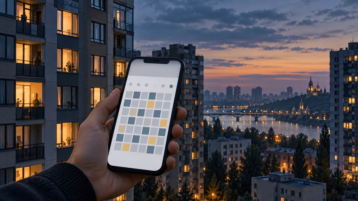 Ілюстрація перевірки графіка відключень світла на смартфоні біля київських будинків