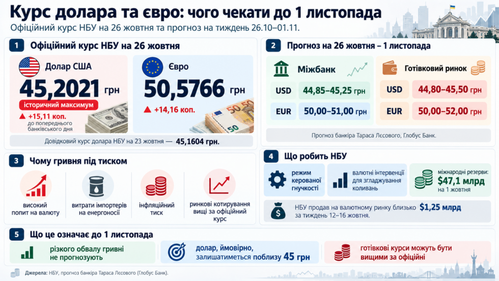 Курс долара в Україні 26 жовтня сягне 45,2021 грн, оновивши історичний максимум. До 1 листопада долар на готівковому ринку може коштувати 44,80–45,50 грн, а євро — 50–52 грн. Банкіри оцінюють вплив рішення НБУ щодо облікової ставки, міжнародних резервів та попиту на валюту на динаміку гривні.